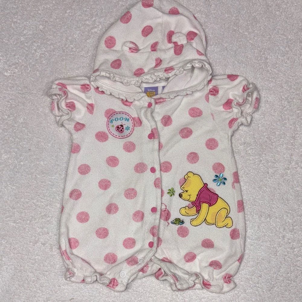 Disney Winnie the Pooh terry cloth hooded snap up romper bubble 3/6m